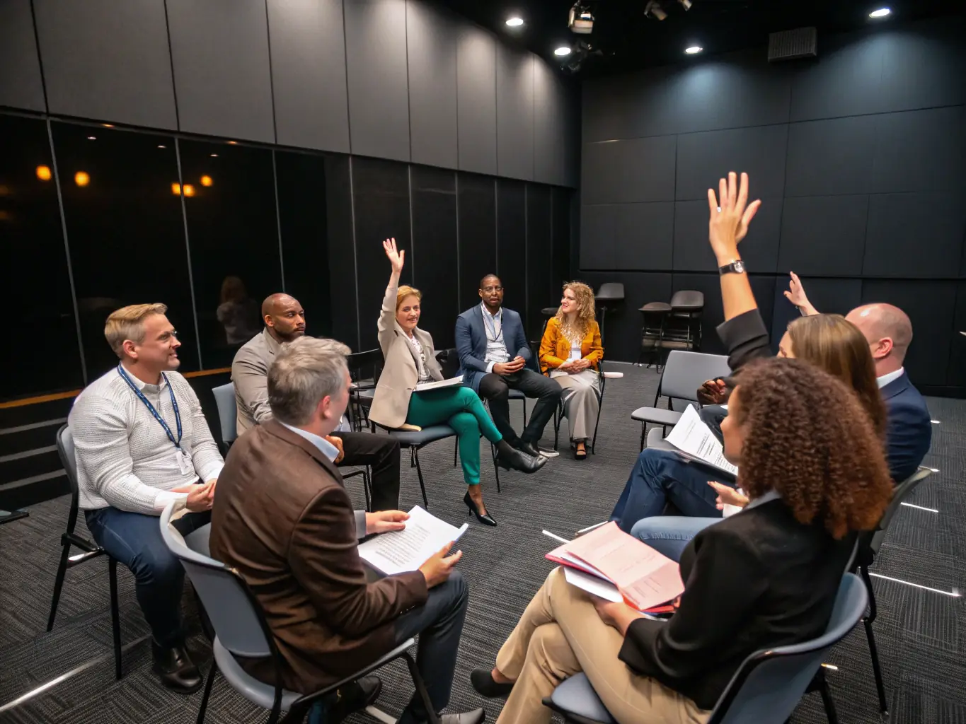 A diverse team of professionals participating in a leadership development workshop, engaging in team-building activities and interactive discussions in a bright, modern conference room.