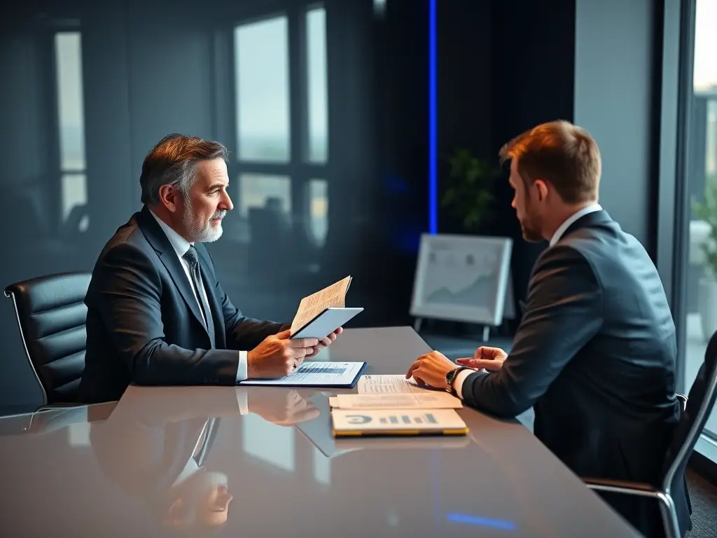 A business coach working with a client on strategic planning, using visual aids like charts and graphs to illustrate market trends and growth opportunities in a modern office setting.